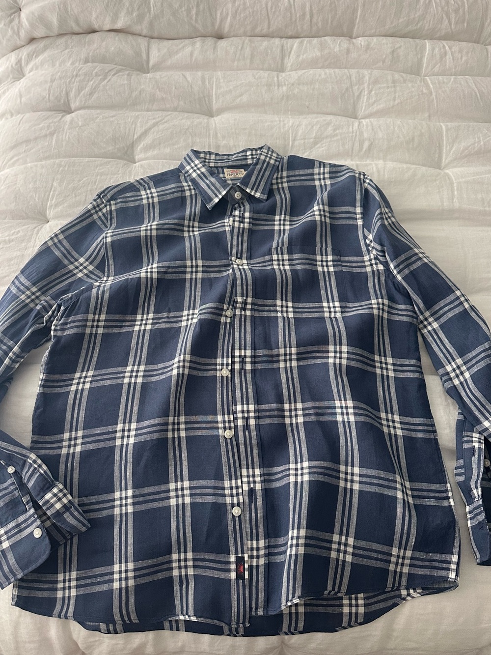 Faherty Navy and White Plaid Button-Down Shirt